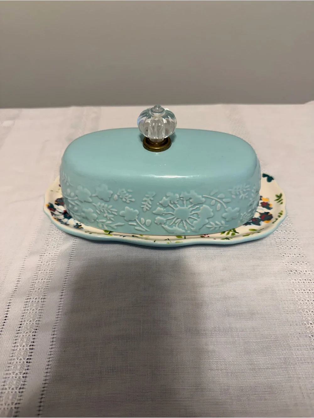 Pioneer Woman Blue Embossed Ceramic Butter Dish with Glass Knob